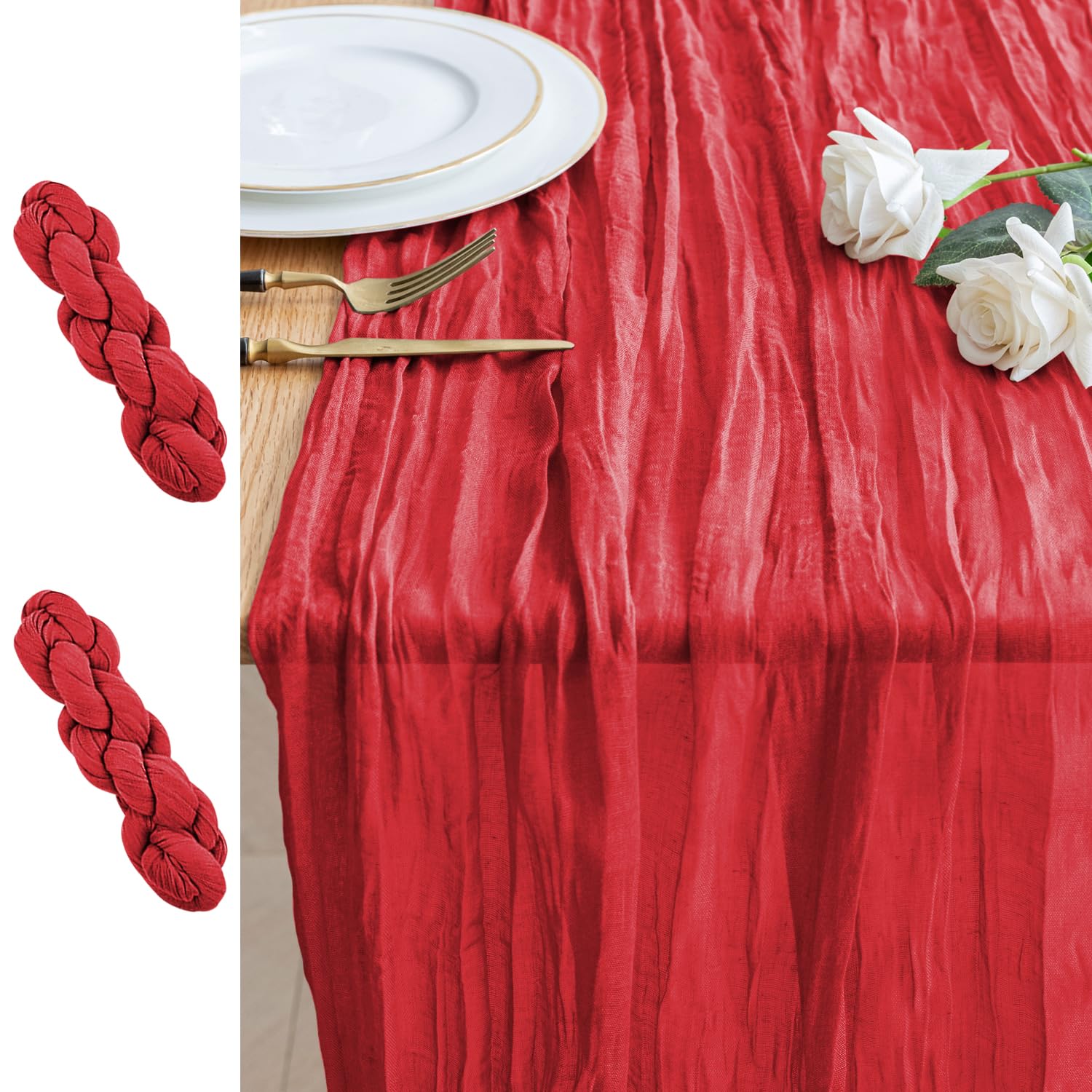 Xiomot red boho cheesecloth table runner 10ft closeup showing soft gauze texture