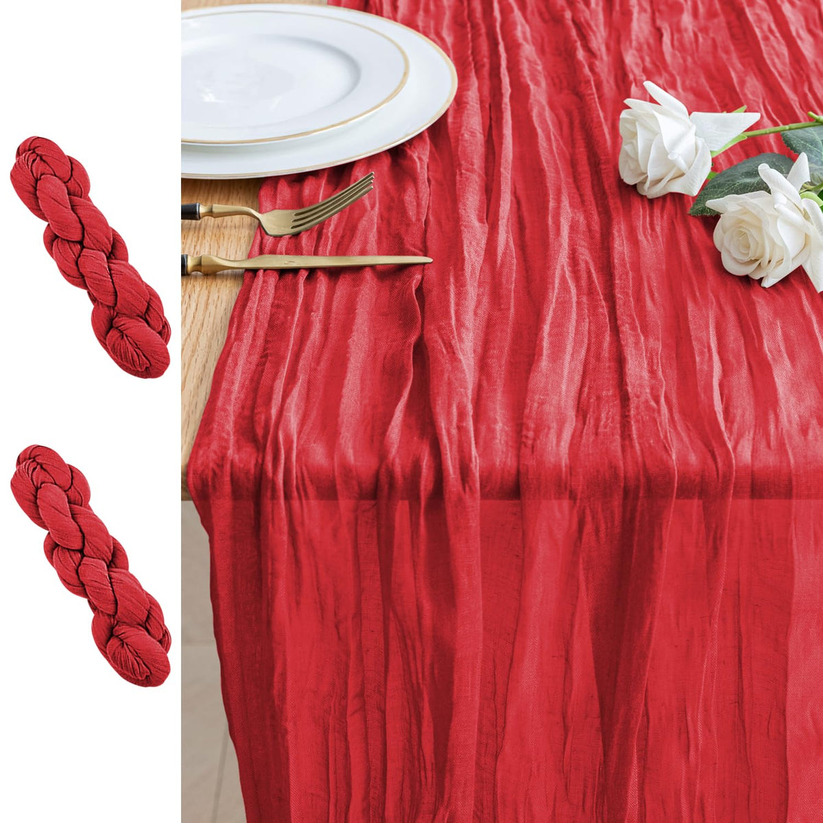 Xiomot red boho cheesecloth table runner 10ft closeup showing soft gauze texture