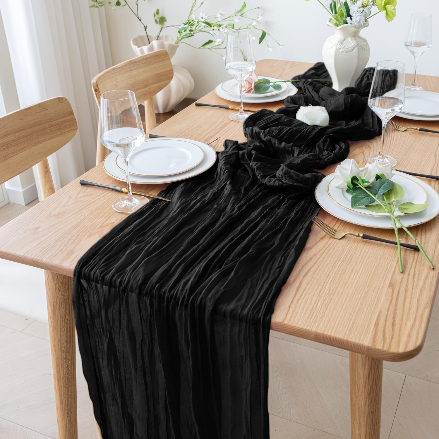 Xiomot wedding decor with cheesecloth runner in black