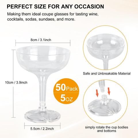 XIRUOXINKEMAO 5oz plastic coupe glasses offer elegant, lightweight service.