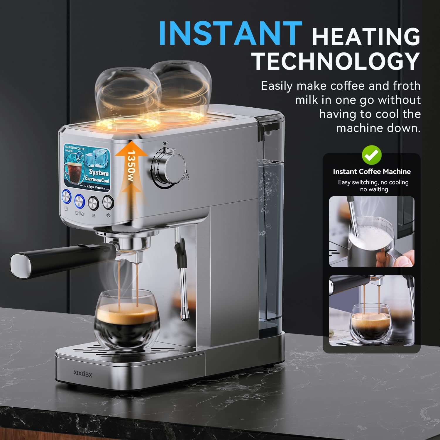 XIXUBX 20-bar pump detail highlighting full extraction for rich crema.