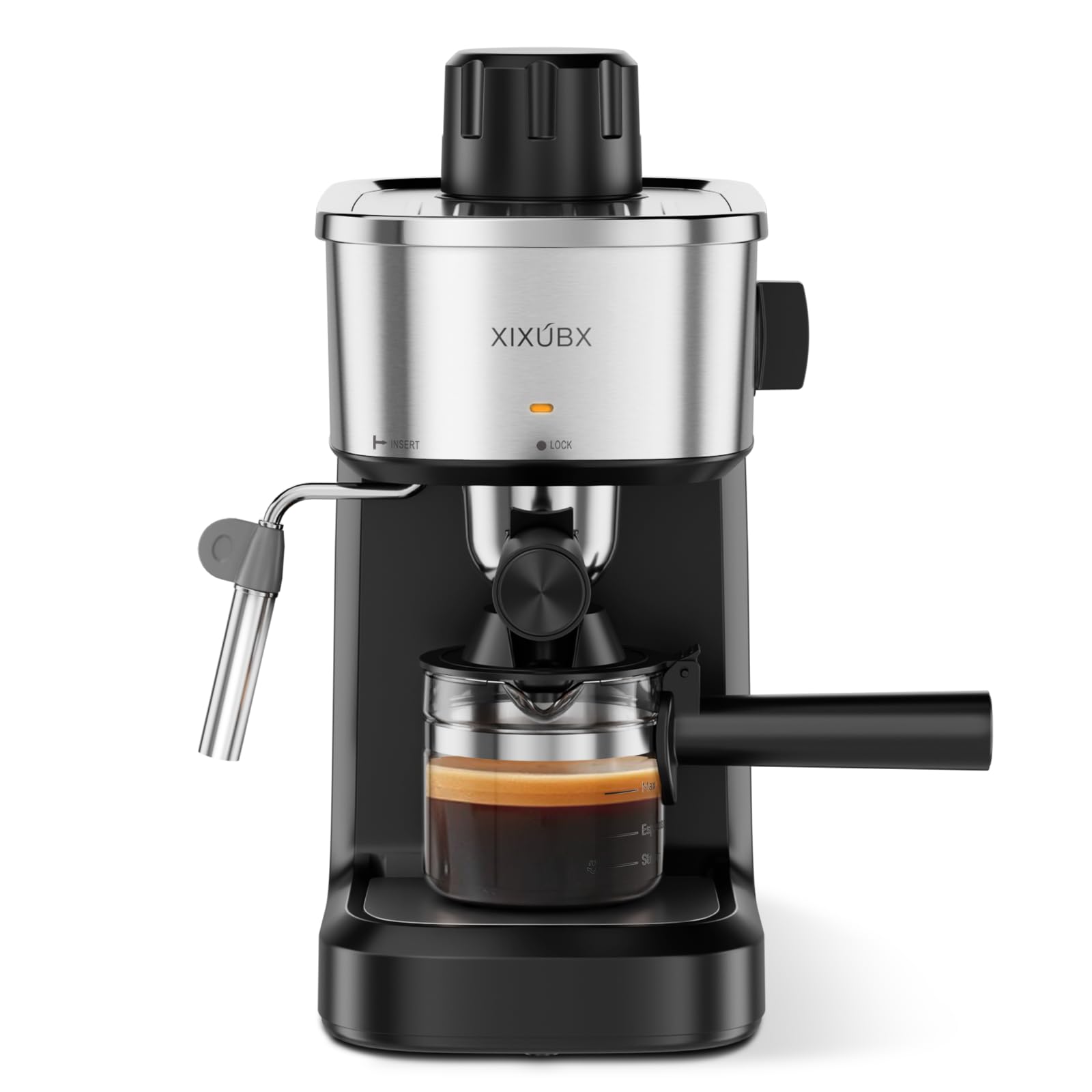 XIXUBX 6 Bar Espresso Machine front view showing compact design with glass carafe