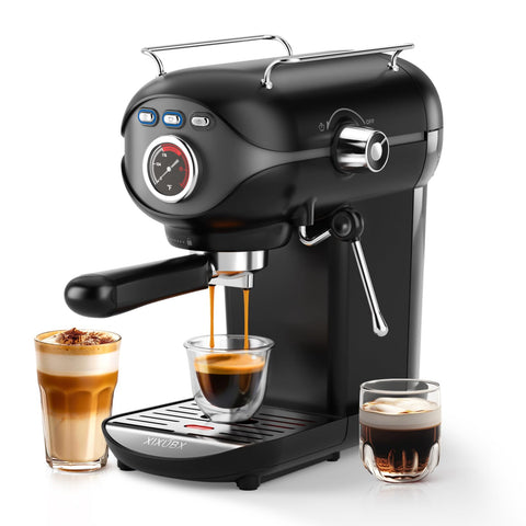 XIXUBX espresso machine front view, compact home-friendly design for easy countertop setup and fast brew readiness.