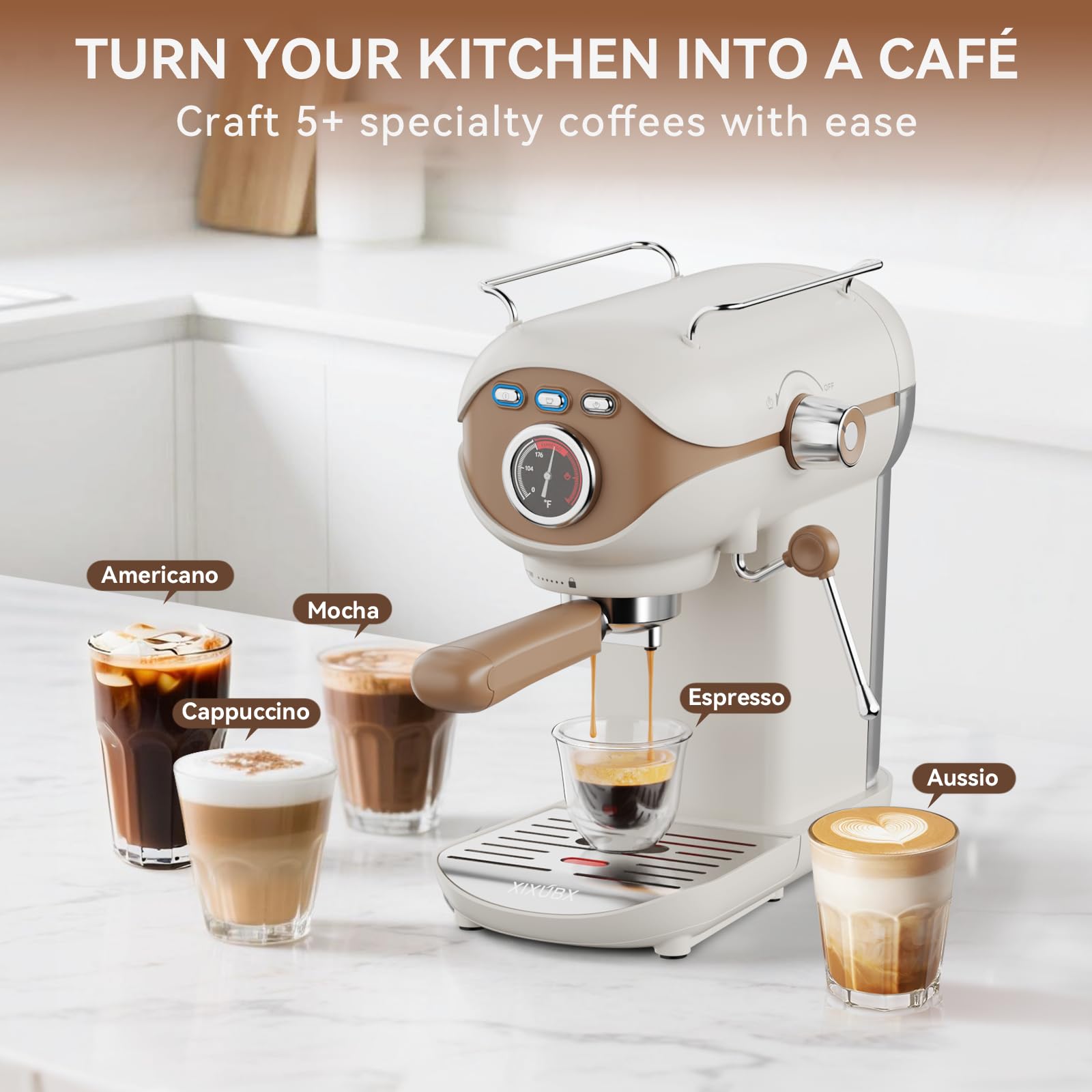 XIXUBX white kitchen scene featuring compact espresso machine.