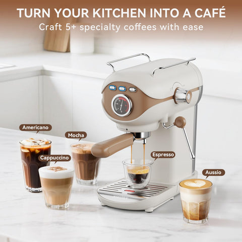 XIXUBX white kitchen scene featuring compact espresso machine.