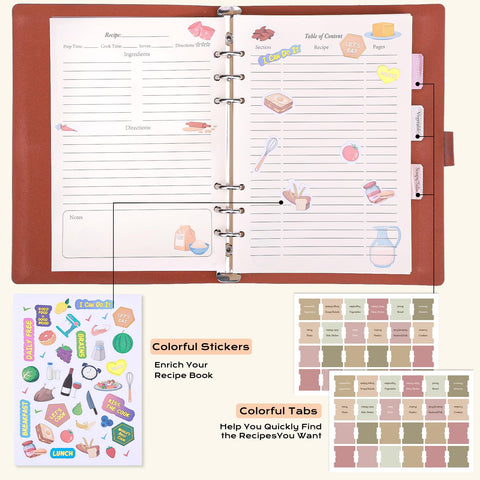XKDOUS recipe journal tabs and stickers enhance organization for quick reference.