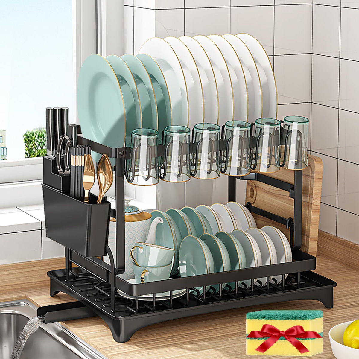 XLMYS dish drying rack 2-tier with drainboard for organized drying.