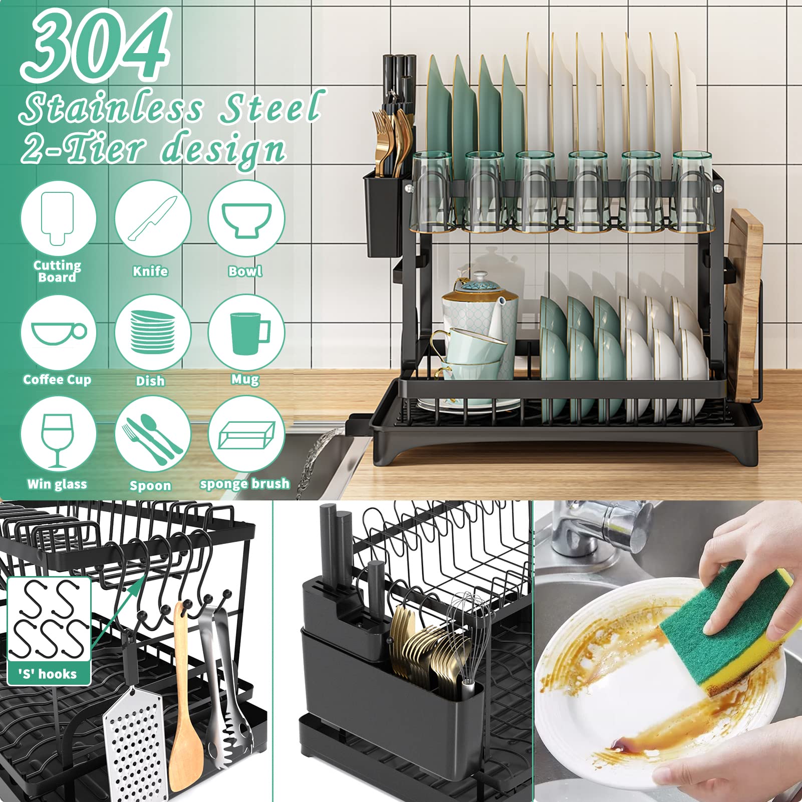 XLMYS knife and dish rack supports various cookware sizes.