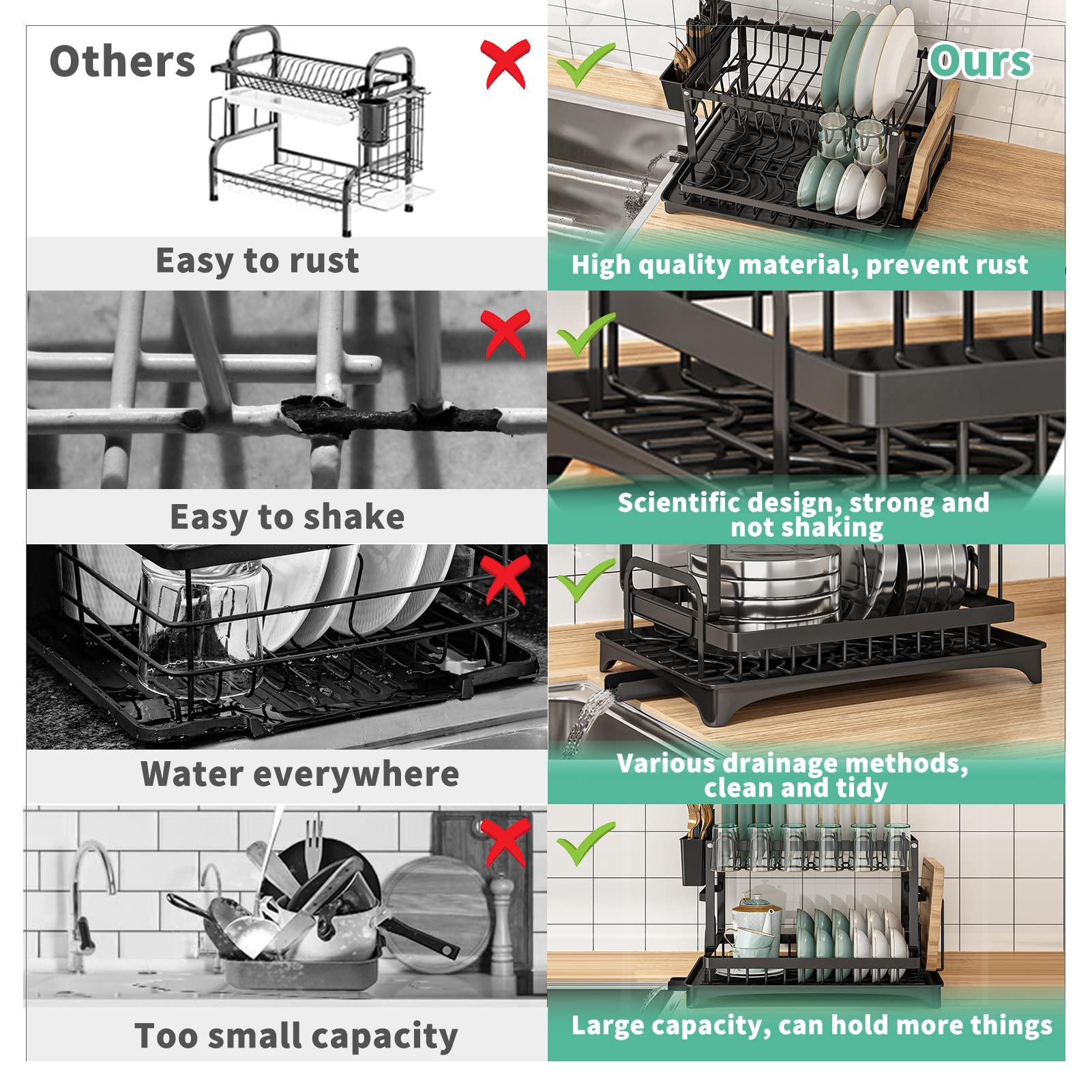 XLMYS stainless steel dish rack with nano coating resists rust.
