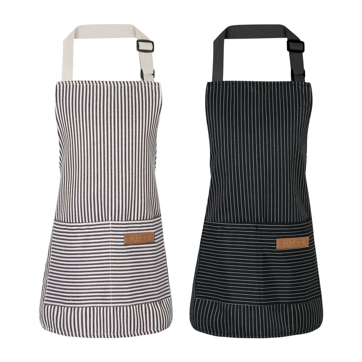 XLSXEXCL 2-pack stripes kids apron front view in black and grey for mess-prone tasks