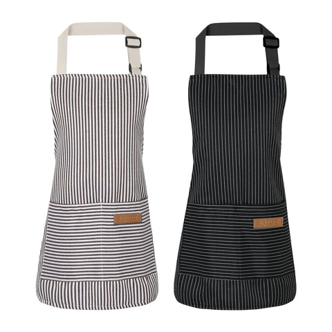 XLSXEXCL 2-pack stripes kids apron front view in black and grey for mess-prone tasks