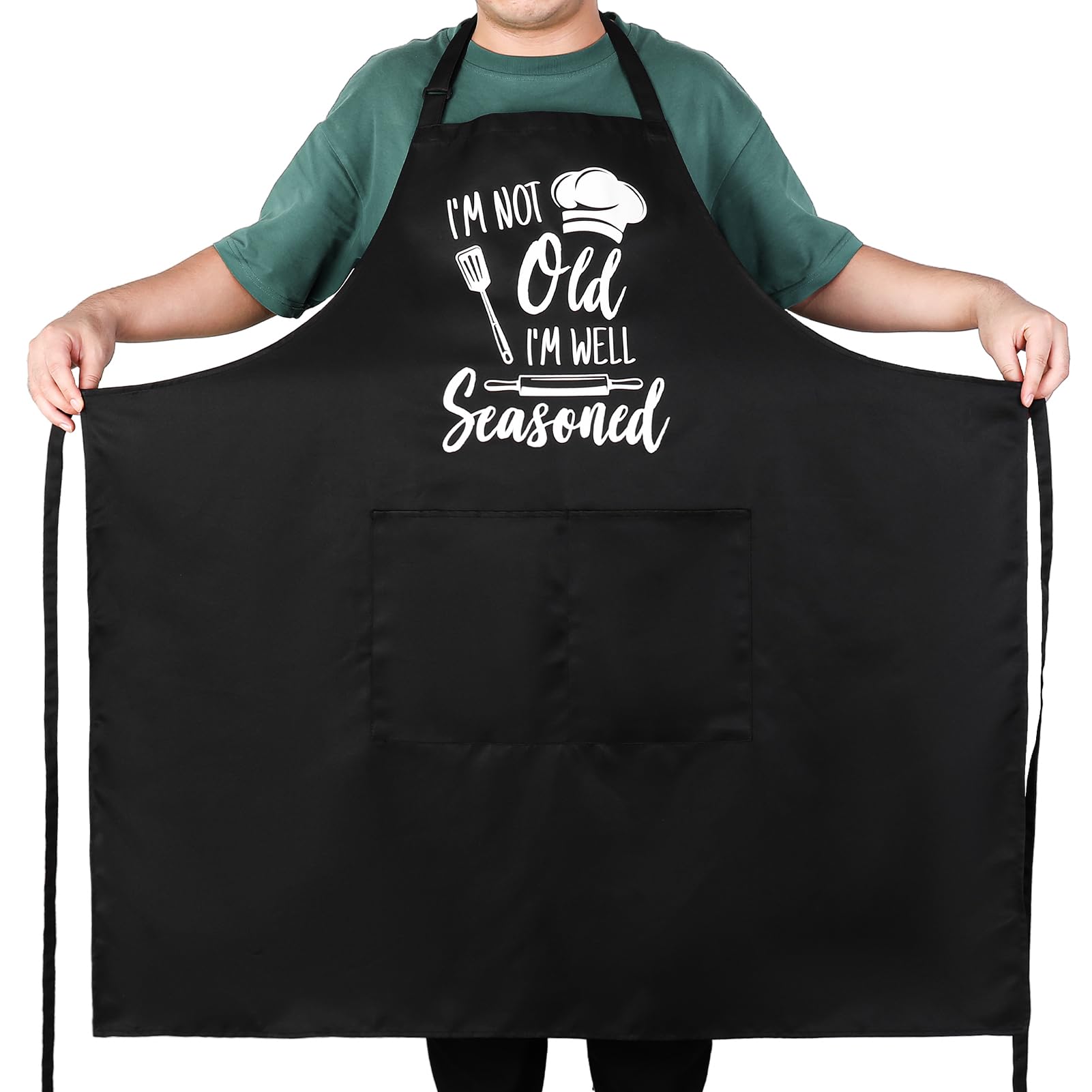 XLSXEXCL plus-size apron front view showing full coverage for comfortable cooking.