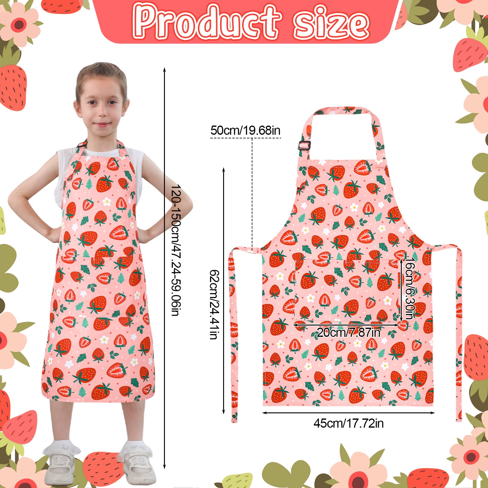 XLSXEXCL strawberry kids apron set back view; convenient storage with two pockets.