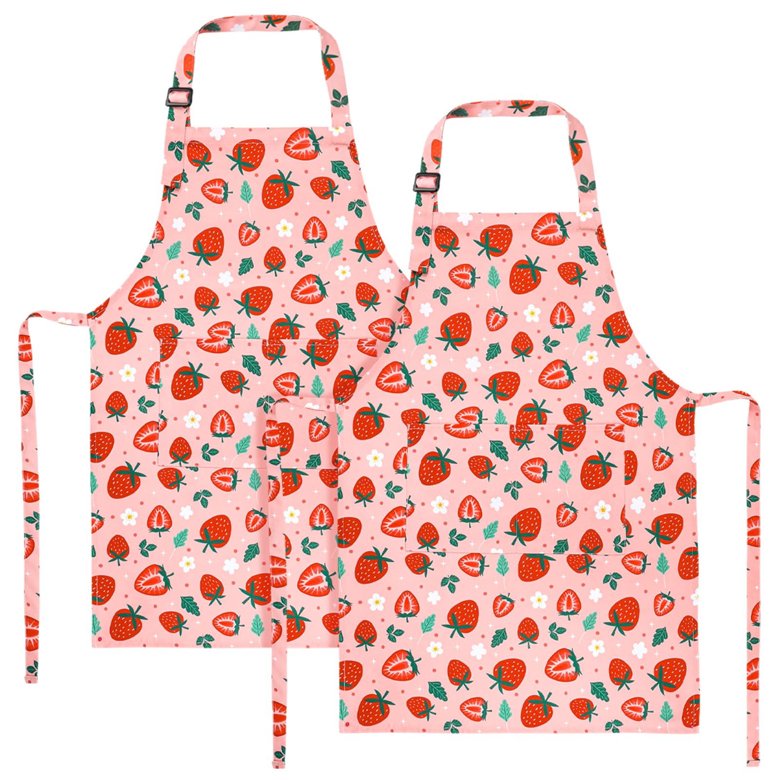 XLSXEXCL strawberry kids apron set front view; keeps kids clean during cooking and crafts.