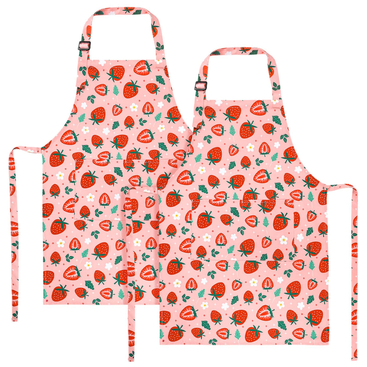 XLSXEXCL strawberry kids apron set front view; keeps kids clean during cooking and crafts.