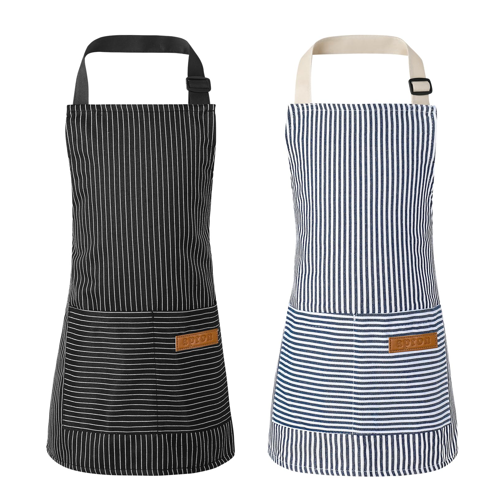 XLSXEXCL blue striped kids apron with a front pocket for snacks and tools.