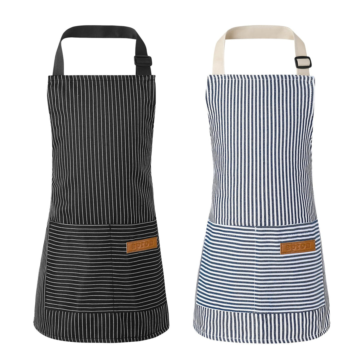 XLSXEXCL blue striped kids apron with a front pocket for snacks and tools.