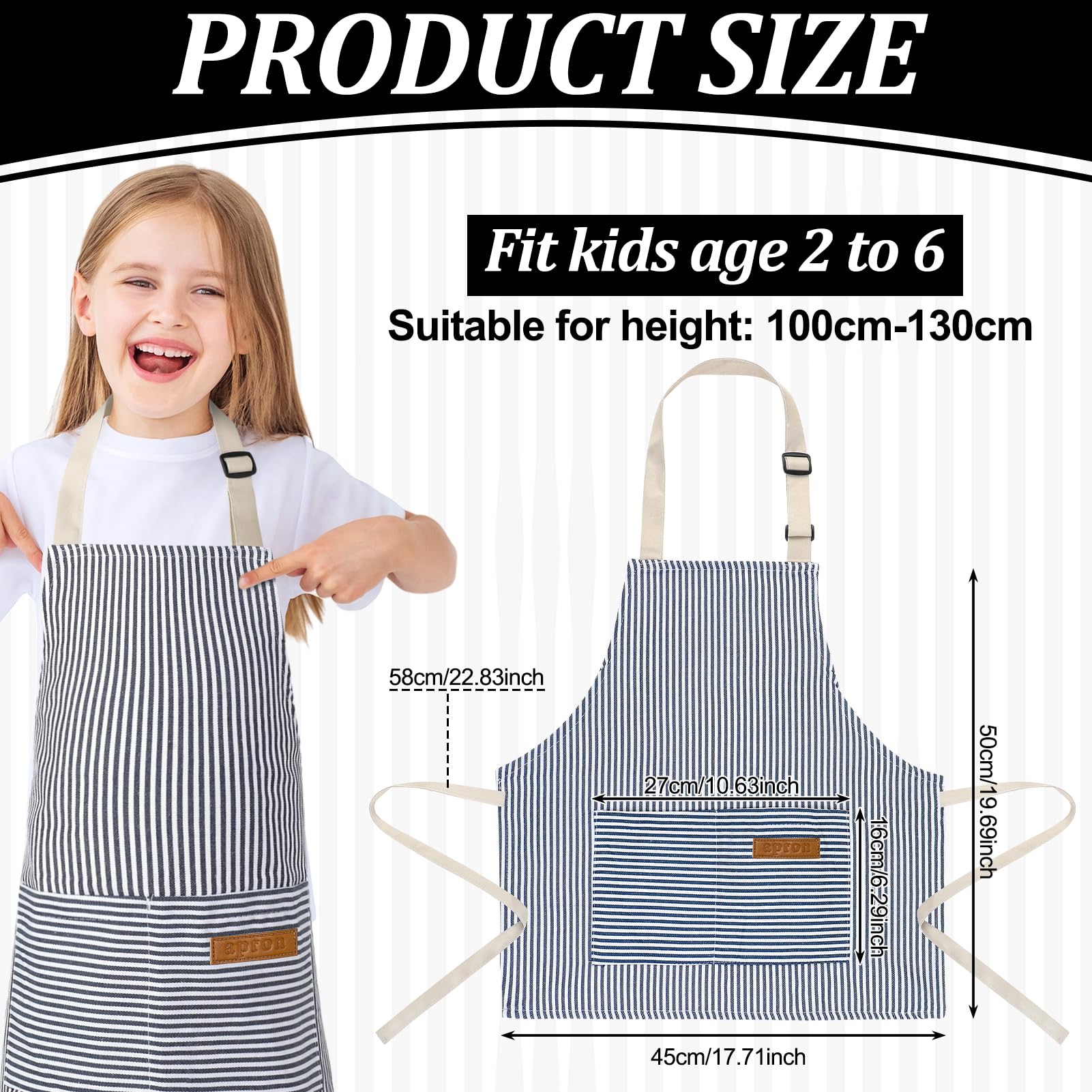 XLSXEXCL grey striped kids apron features a practical front pocket for art supplies.