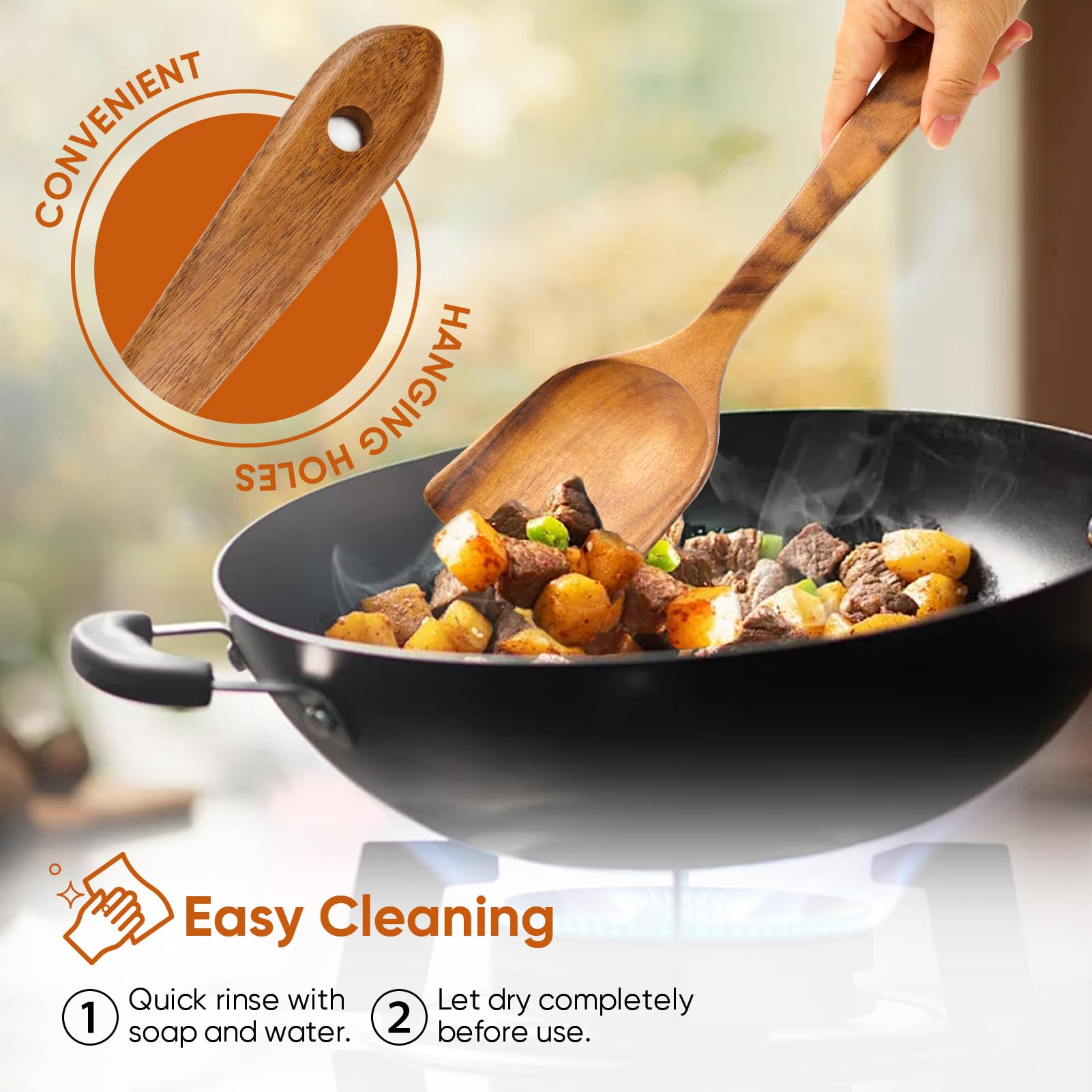 XMYYX EZuncle easy-clean wood utensils, hand wash friendly.