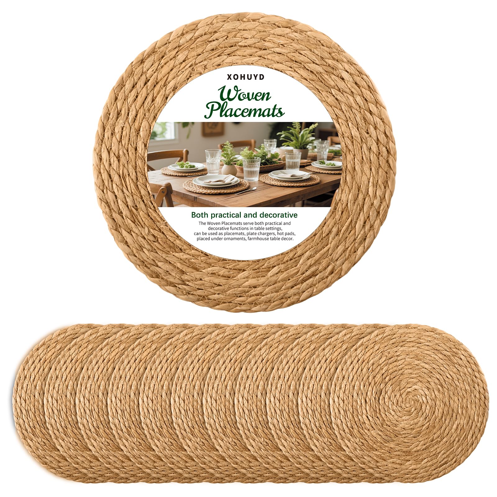 XOHUYD 13-inch round woven placemats show natural water hyacinth for heat protection.