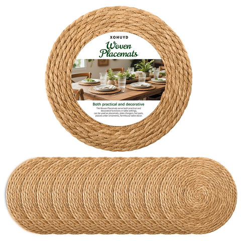 XOHUYD 13-inch round woven placemats show natural water hyacinth for heat protection.