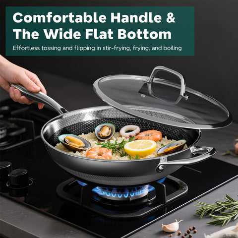 XOHUYD Wok Pan 13-inch size ideal for family meals.
