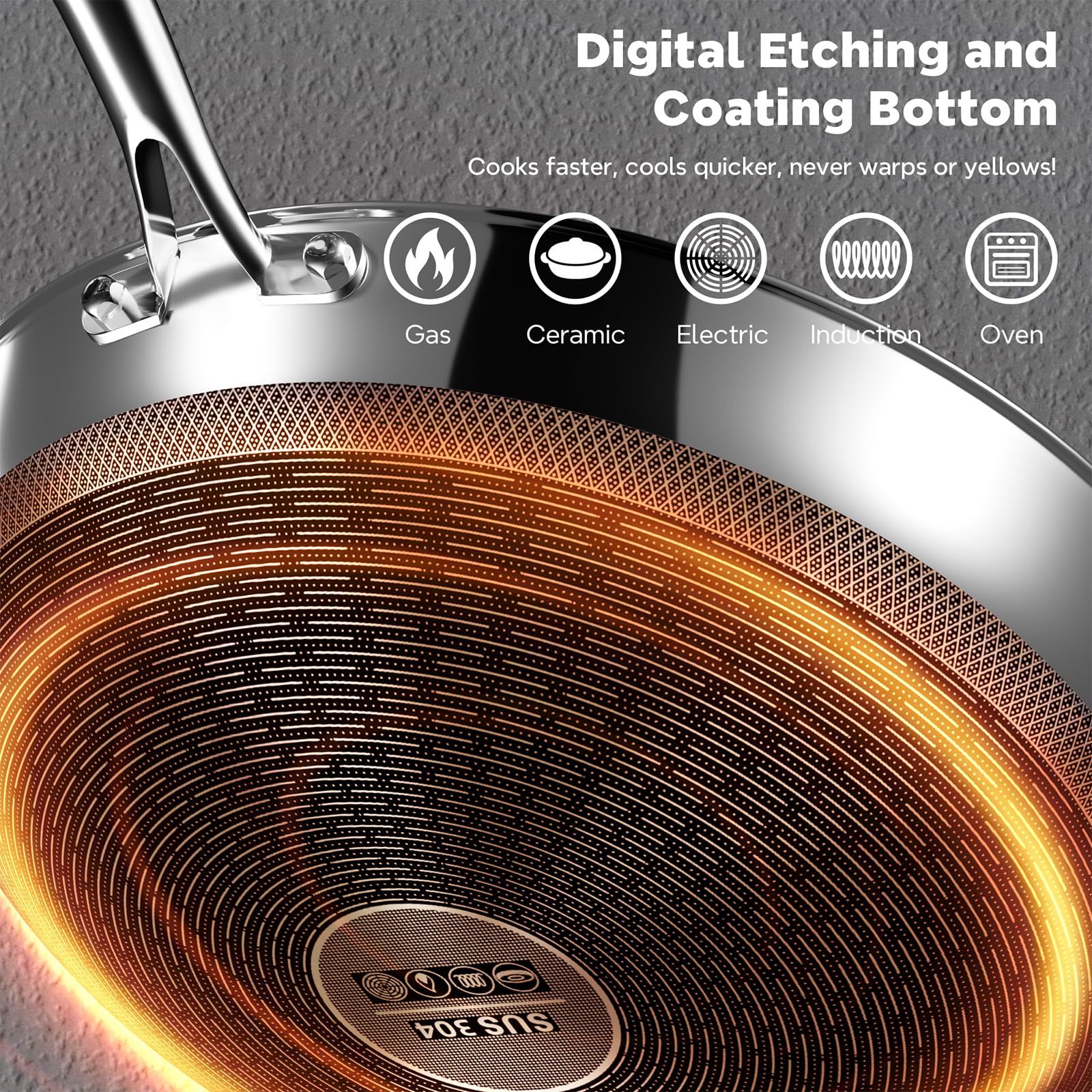 XOHUYD Wok Pan 304 stainless interior resists rust for durable cooking.