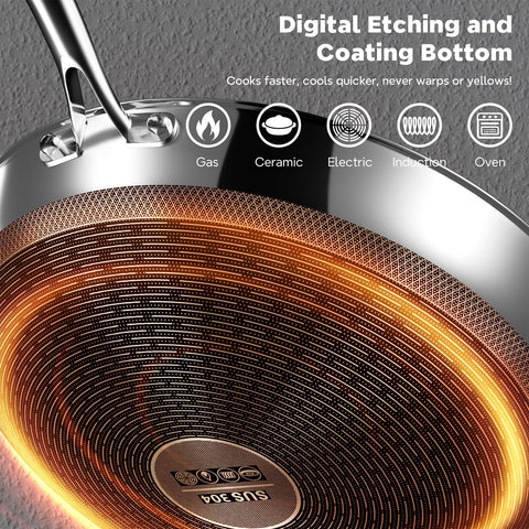 XOHUYD Wok Pan 304 stainless interior resists rust for durable cooking.