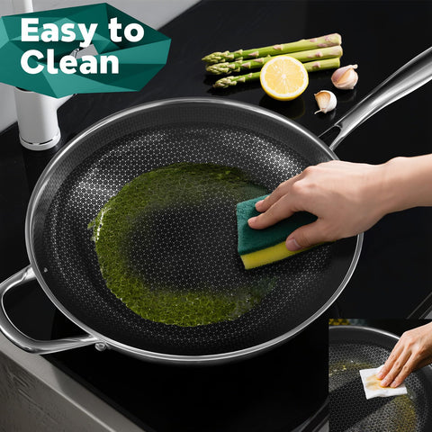 XOHUYD Wok Pan easy-cleaning surface rinses away residues.