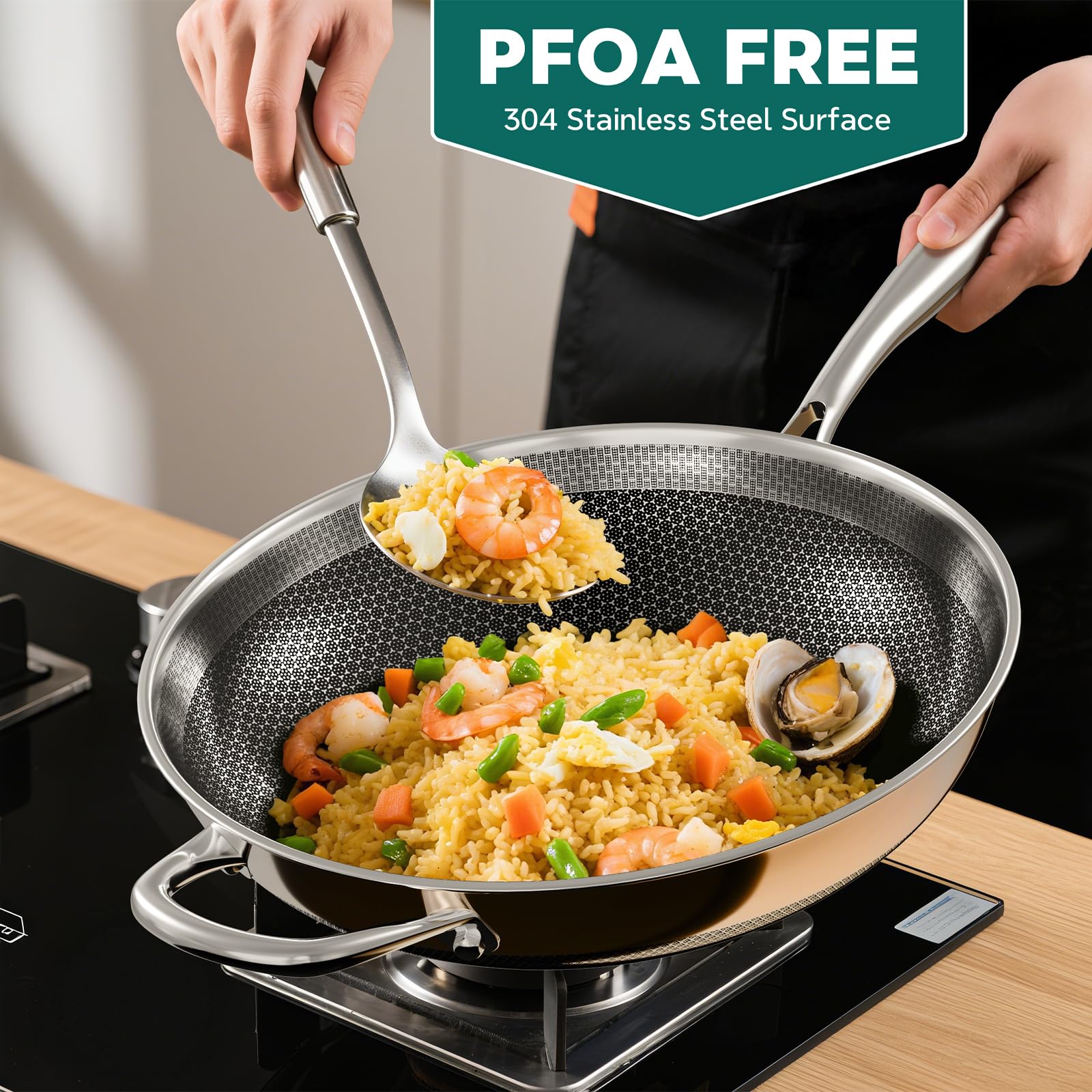 XOHUYD Wok Pan tempered-glass lid keeps heat and moisture visible.
