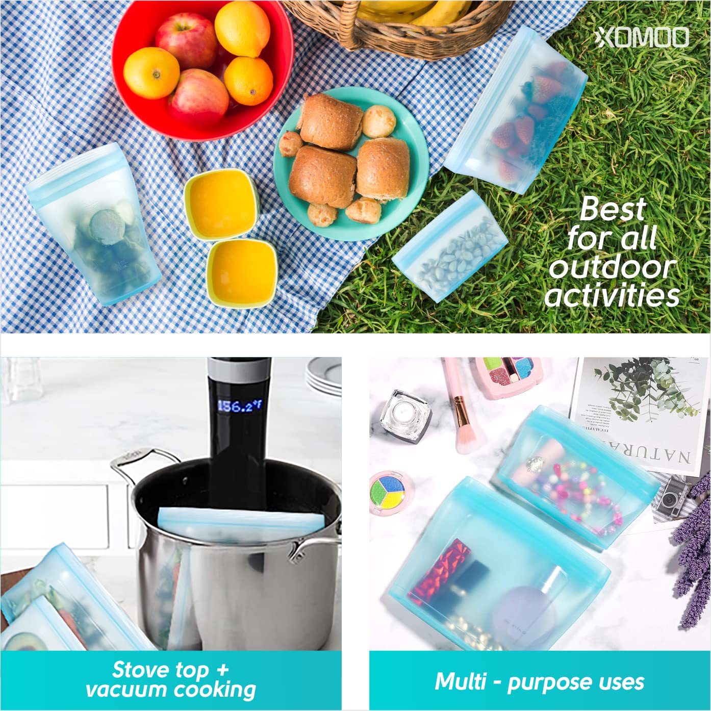 Xomoo 6-piece set includes bags, cups, and dishes for varied storage needs.