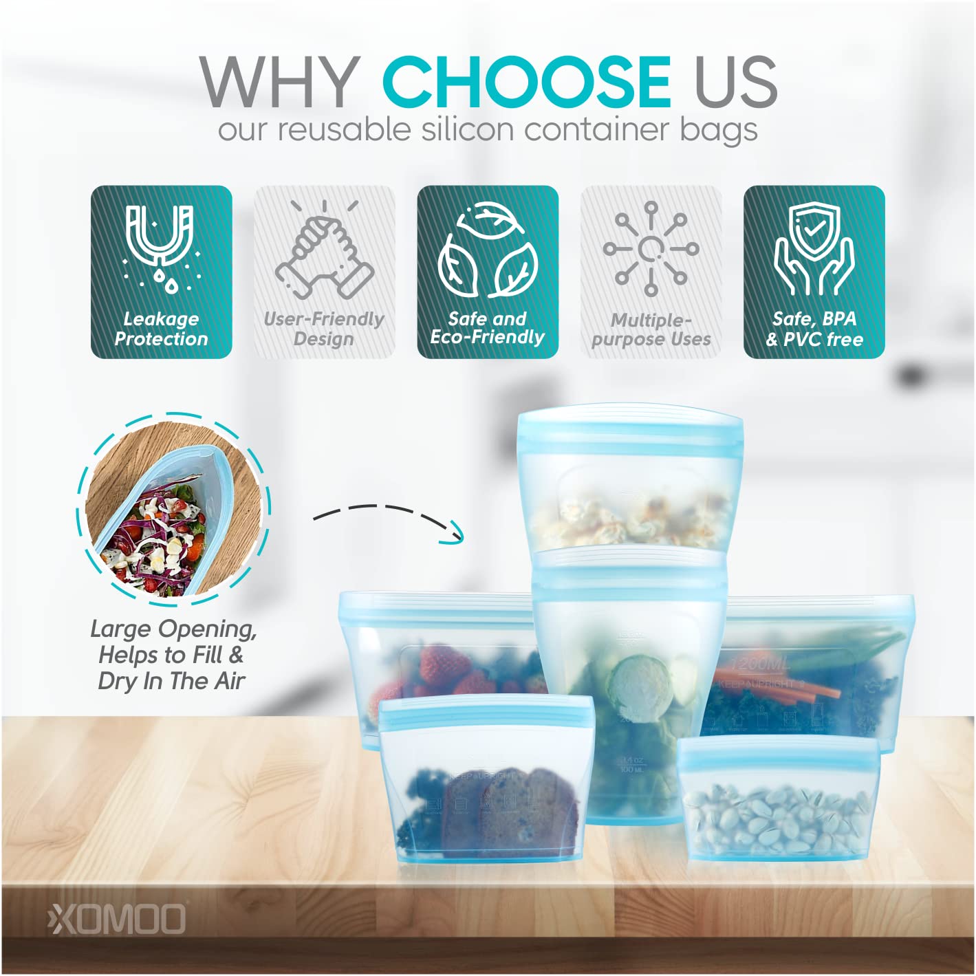 Xomoo silicone bags offer multipurpose storage for foods and snacks.
