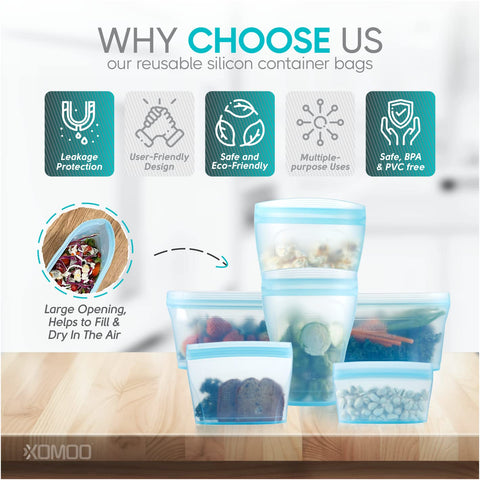 Xomoo silicone bags offer multipurpose storage for foods and snacks.