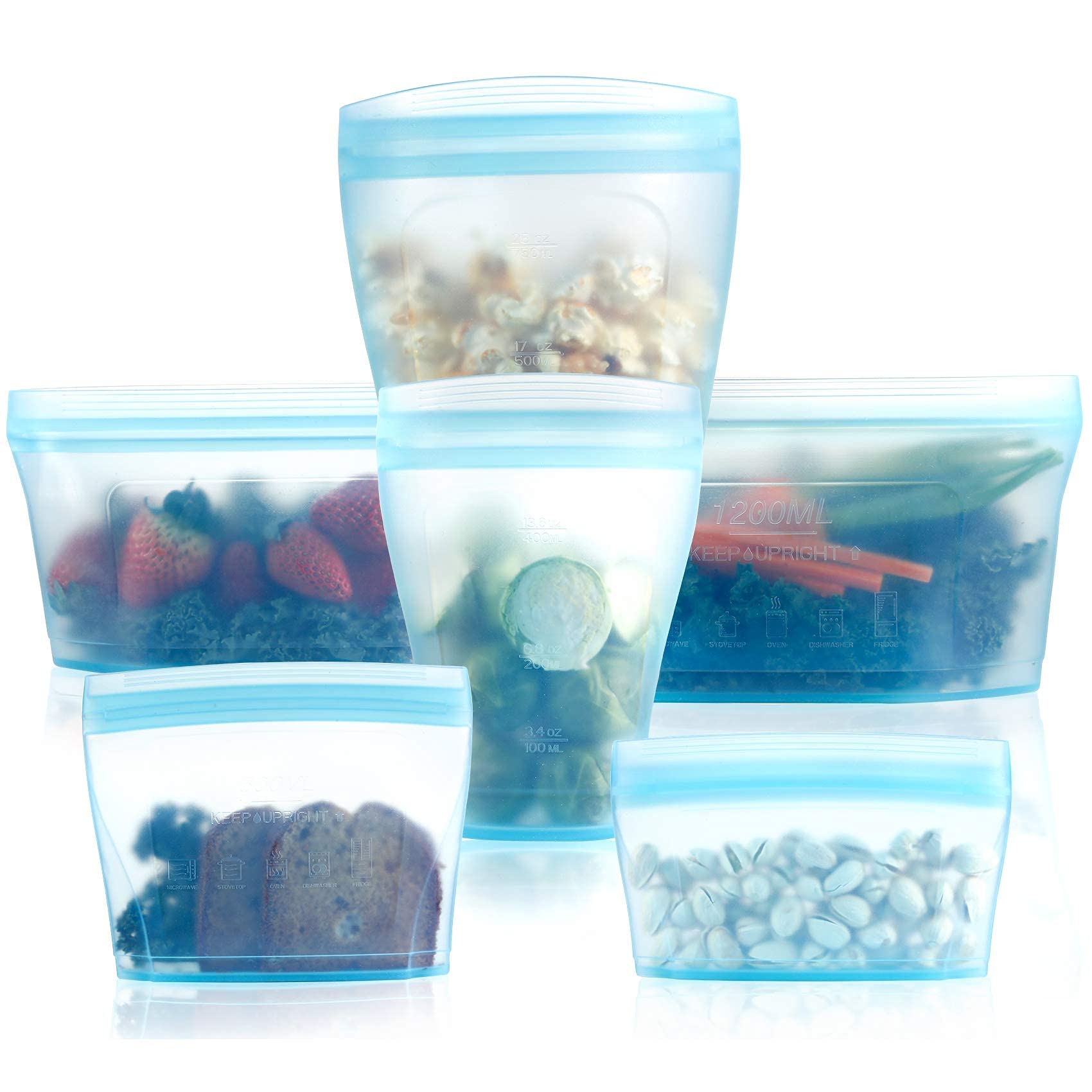 Xomoo reusable silicone bag stands upright for organized pantry storage.