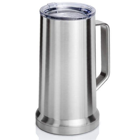 XPAC 22-ounce beer stein with lid and handle keeps beverages at the desired temperature.