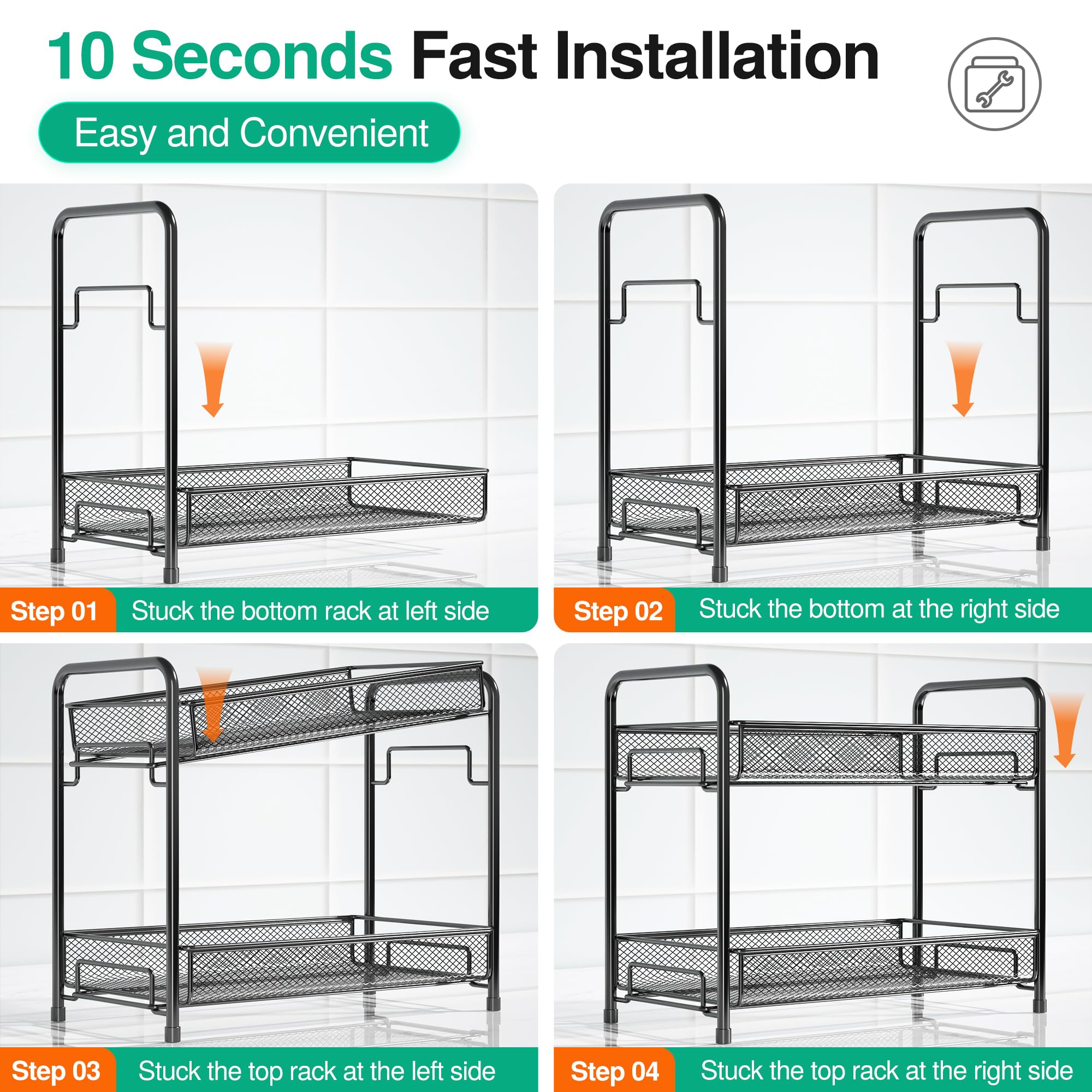 Xpatee two-tier grid design fits kitchen, bathroom, and pantry storage needs.