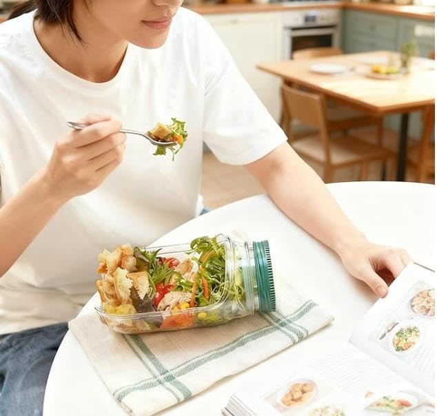 Xpcpekt salad jar with side opening showing dressing compartment for on-the-go meals.