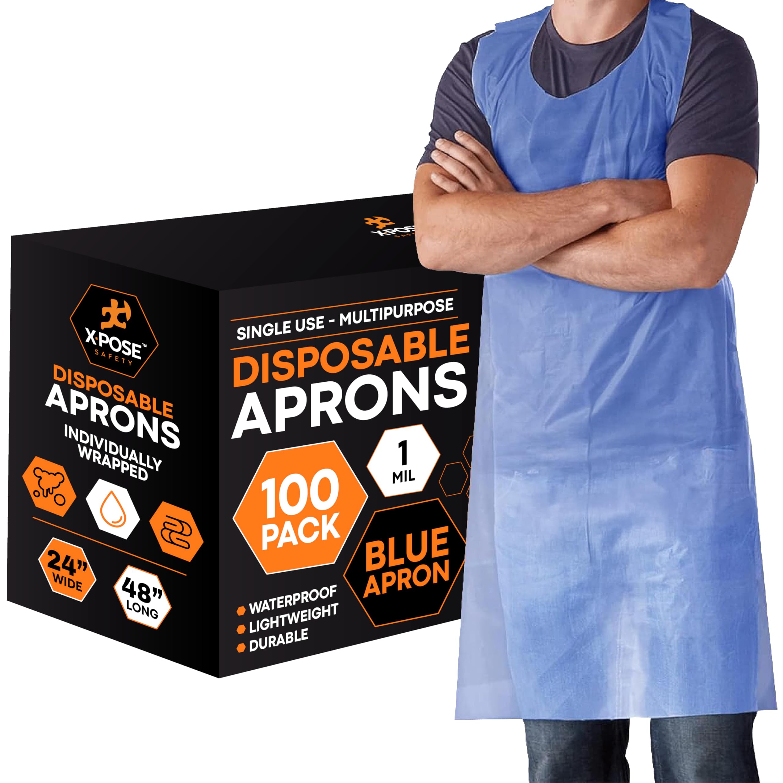 Xpose Safety blue disposable apron front view shows lightweight protection for cooking