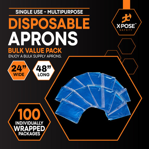 Xpose Safety blue disposable apron individually packaged for clean distribution