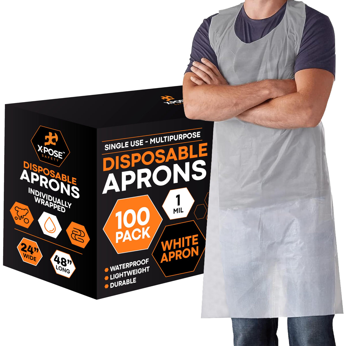 Xpose Safety disposable apron 100-pack, individually wrapped for mess-free use in kitchens.
