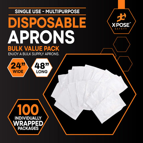 Xpose Safety white disposable apron 1 mil waterproof material protects clothing during cooking.
