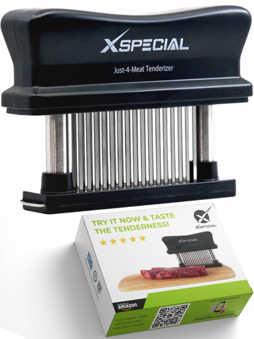 XSpecial meat tenderizer with 48 blades tenderizing a steak for even flavor absorption.