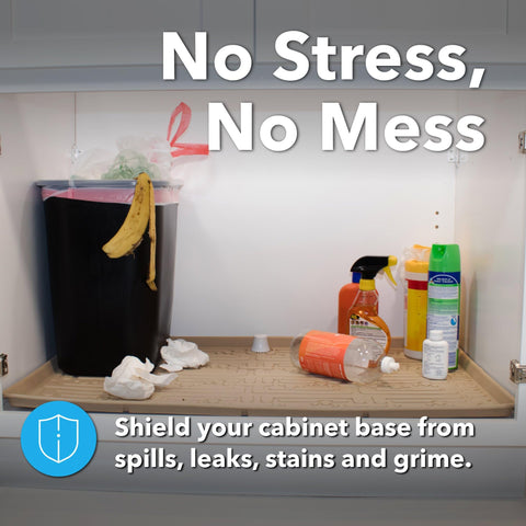 Xtreme Mats protects kitchen and bathroom cabinets with durable gray surface