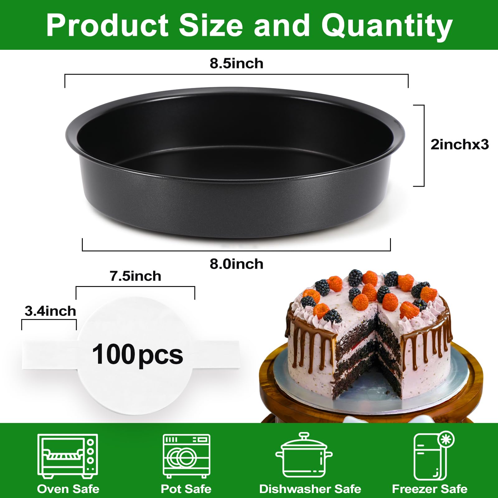Xtujcya 8-inch round cake pan side view shows straight sides for clean edges.