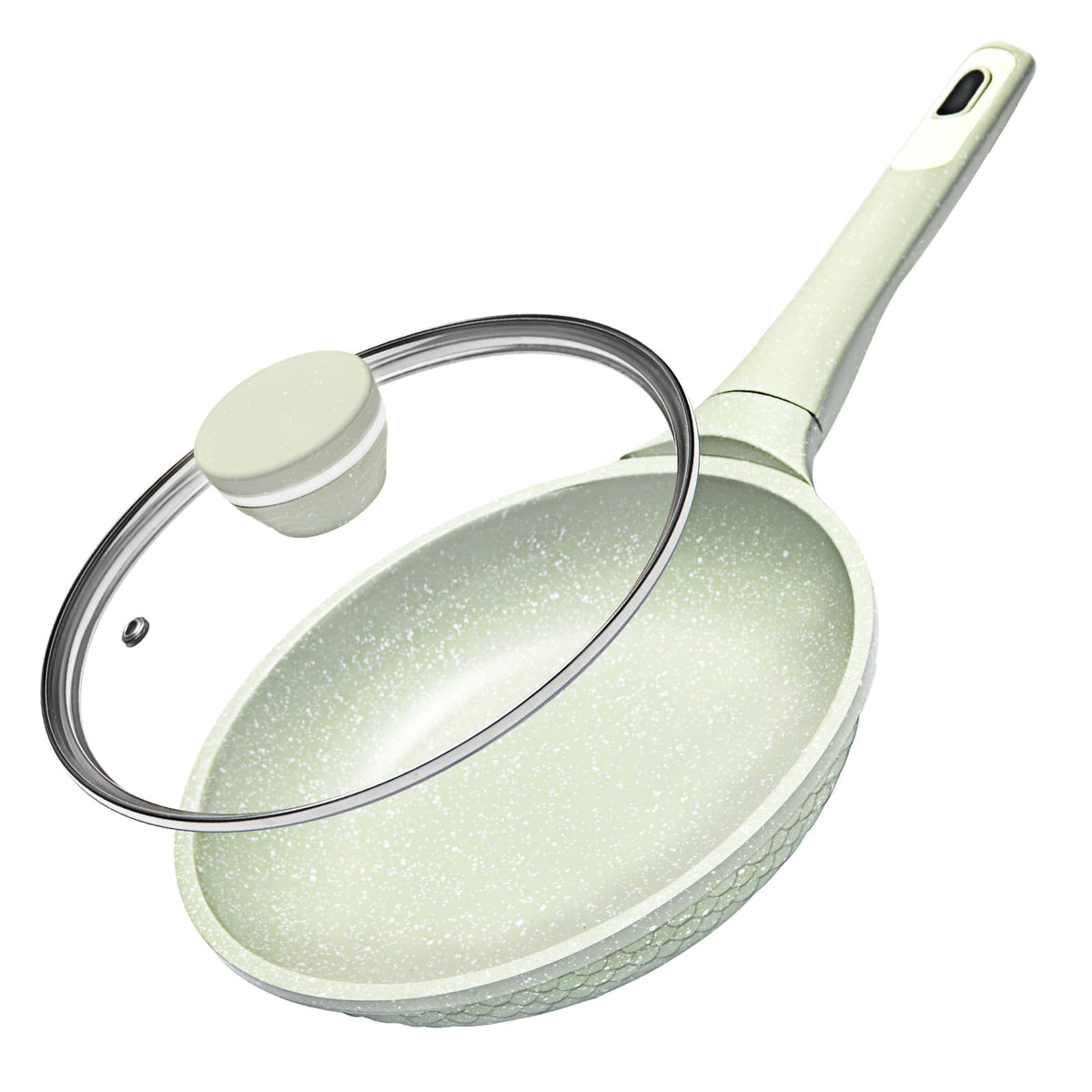 Xuanying 8 inch nonstick frying pan with lid on stove showing sleek finish and lid for omelettes