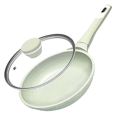 Xuanying 8 inch nonstick frying pan with lid on stove showing sleek finish and lid for omelettes