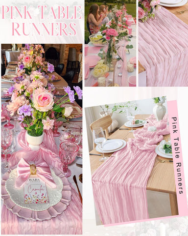 Wedding dinner table setup with flowing pink cheesecloth runner