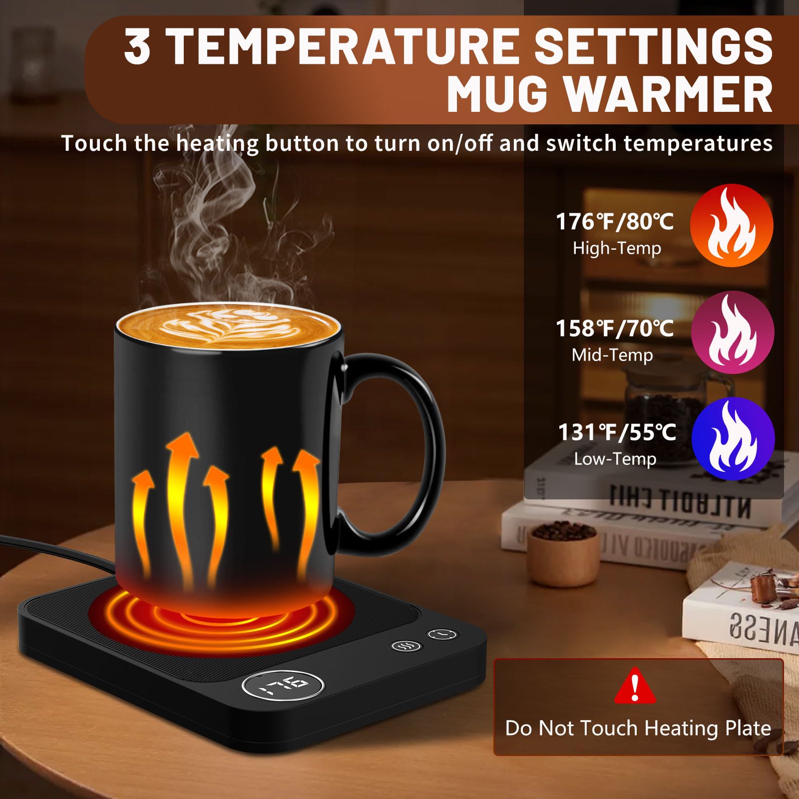 Xuetan Mug Warmer shows temperature and time for precise heat control.