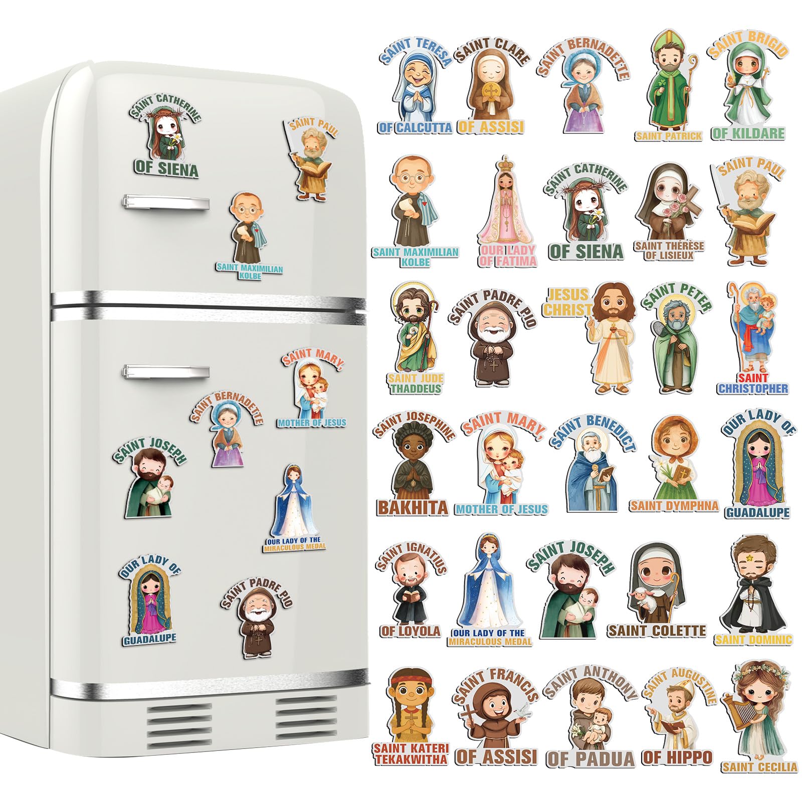 Xuhal Catholic Saints fridge magnets — vibrant 8 cm designs add color to the kitchen