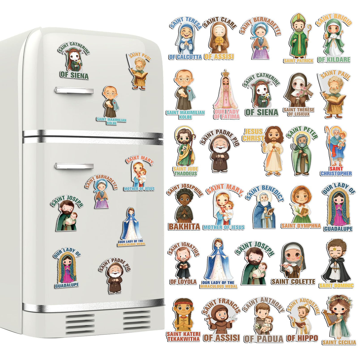 Xuhal Catholic Saints fridge magnets — vibrant 8 cm designs add color to the kitchen
